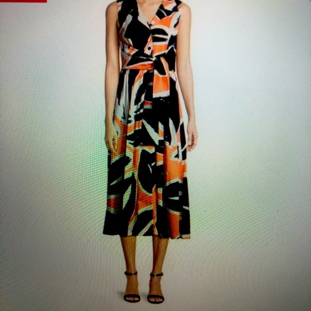 Donna Karan NY Tie Waist MIDI Print Shirt Dress